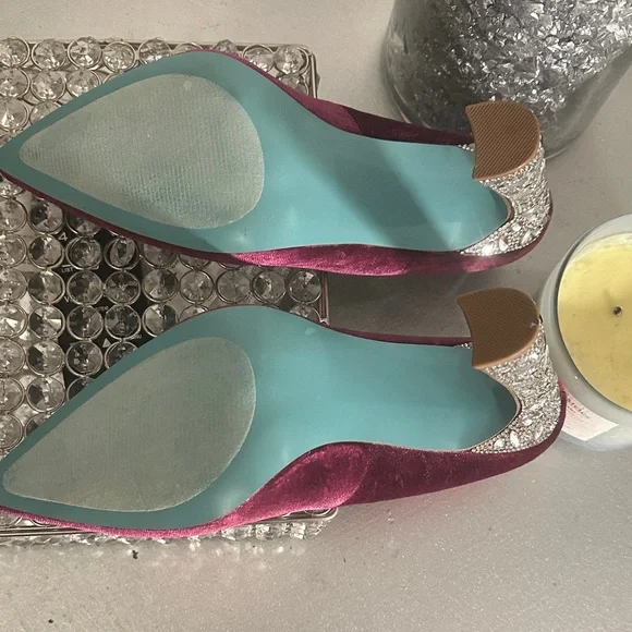 Betsey Johnson Fuchsia Velvet Pumps with Glittering Silver Rhinestone Heel - Picture 6 of 6